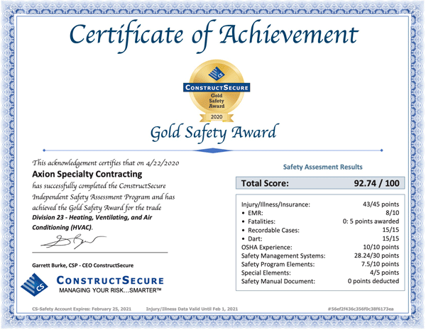 Gold Safety Award for the trade Division 23 - Heating, Ventilating, and Air Conditioning (HVAC)